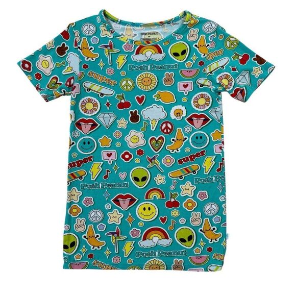 Posh Peanut Kids Teal Colorful Sticker Medley Pajama Top - Picture 2 of 5